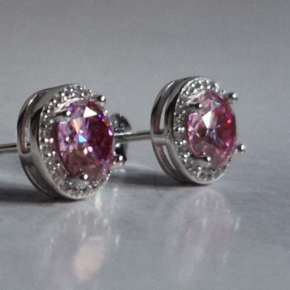 Genuine Pink Diamond Moissanite Halo Stud Earrings | 925 Sterling Silver - Picture 6 of 8